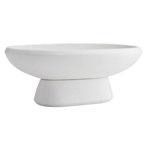 Concrete is molded and finished in a stark white to create the tabletop structure, which features a profound, bowl-like top that rests upon a slightly tapered, boat-like base. Its versatile design allowsthis piece to complement both traditional and modern decor—it also doubles as an outdoor planter.