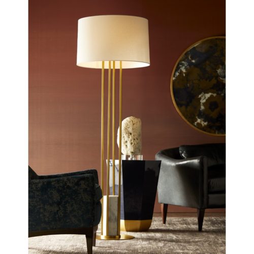 Elegant navy lacquer side table looks like a piece of jewelry. Impressive floor lamp with marble accents and gold.