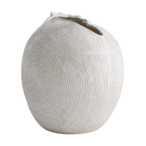 set of ceramic vases. Each is different in shape and size and features a white-wash finish that creates faux bois texture. The mouth of each vase is organic in shape and tear-like—shapinga visual point of interest. This watertight trio is ideal for boasting various bouquets but is just as stunning as a grouped accent for a console table or bookshelf.