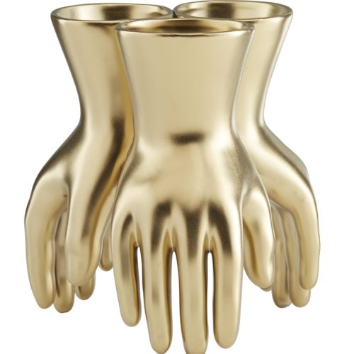 Figural art becomes a practical accent in this chic, mod ceramic vase. The metallic gold glaze adds glamour and sparkle. Whether you put it on a cocktail table or nightstand, this can be a defining sculptural detail.Finish may vary.