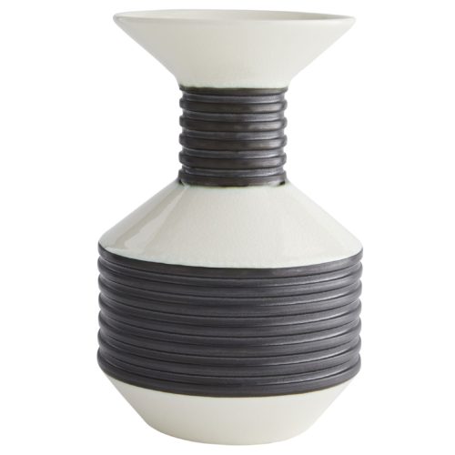 This set of bold graphic vases draws inspiration from industrial and traditional design. Unique in shape, each porcelain vase features an ivory crackle finish that contrasts with the gunmetal bands circlingthe neck and body.