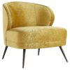 The curved back gives you ample support, while the sloping arms keep you curled up inside.Upholstered in a plush, marigold velvet with welting details to accentuate the curves. The base rests on tapered, light bronze finished metal legs that have a hint of glisten.