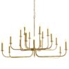 This grand chandelier features steel arms that curve upwards, reaching from a center point at two different heights to create a double tier effect. The entire structure is finished in an antique brass tone and is constructed with a seamless design.