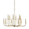 This grand chandelier features steel arms that curve upwards, reaching from a center point at two different heights to create a double tier effect. The entire structure is finished in an antique brass tone and is constructed with a seamless design.