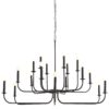 This chandelier features steel arms that curve upwards, reaching from a center point at two different heights to create a double tier effect. The entire structure is finished in bronze and is constructed with a seamless design.It holds twelve exposed bulbs for maximum light.