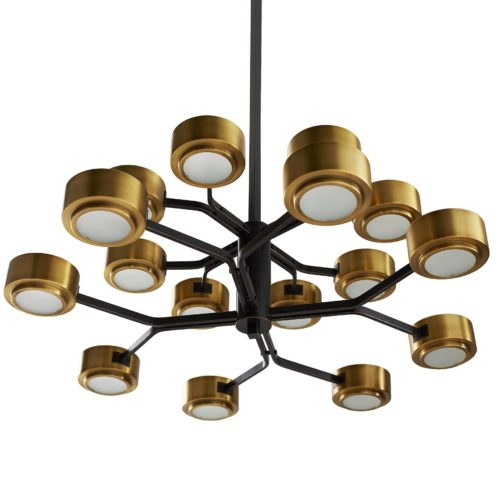 Bronze and brass combine to create this large-scale, modern 16-light chandelier, Eight horizontal rods, four on each tier, split into two to give way to contrasting antique brass shades and frosted glass diffusers. Perfect over a large dining table or as the focal point above an island in a grand kitchen.