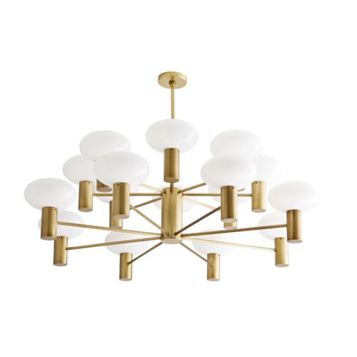 Finished in antique brass, the cylindrical center features several slender arms that spider out in a diamond-like formation to showcase sixteen mushroom-shaped opal glass globes. The connection between the glass and the steel is cleanand concise—visually streamlining this piece. Oversized, this luxe light is a great solution for personal or professional spaces in need of a little (or a lot!) of luster.