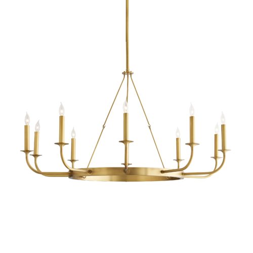 A classic concentric silhouette shapes the steel structure, which elegantly displays ten candlestick-style arms that curve upwards in a uniformed fashion.An antique brass finish provides additional shine to a space, especially when in use.