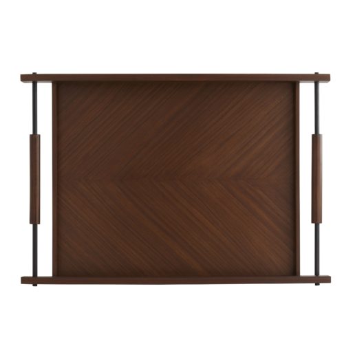 Elegant and generously sized tray for a kitchen island or living room ottoman. The diagonal wood veneer provides abeautiful surface combined with the dark steel and wood handles for an effect that is quiet, elegant and strong.