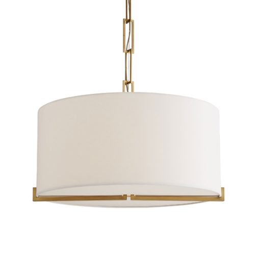 With an over scaled white linen shade, it provides the perfect light in an entryhall or over a table. The steel arms that support the shade are finished in antique brass and tethered to an ascending box chain offering just the right amount of detail for the bright linen drum shade.