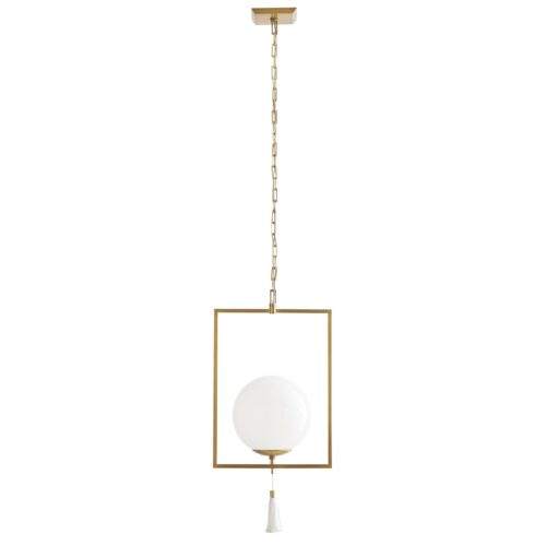 Orb and Tassel pendant emulates a sleek steel trapeze finding equilibrium with its glowing glass orb. A fine-threaded tassel hangs from the center of the antique brass fixture. She betrays the family secret of balance and elegant form. Finished in antique brass.