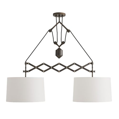 Tension and balance are dynamic qualities this dual pendant light employs. staged over a long dining table or a kitchen island where the linear form of the design can shine. Finished in aged bronze.
