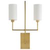 Reach out your arms and grab the glory, this sconce stretches wide with two steel dowels supporting cylindrical white linen shades. The dowels are supported off an elegant central steel blade. The scale of this fixtureprovides architectural interest while amplifying the light in any entry hall, corridor or room.