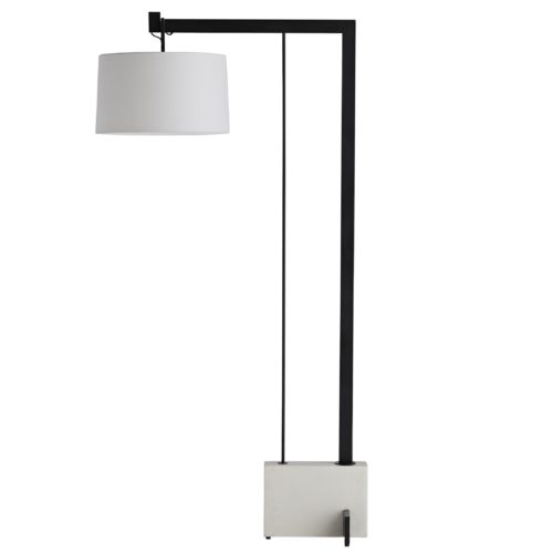 . Constructed of rectangular steel, steel dowel and a faux marble base, the compositionof materials is a handsome addition to any interior. The far reach of the arm holding the crisp linen shade allows you to feature light directly over a surface.
