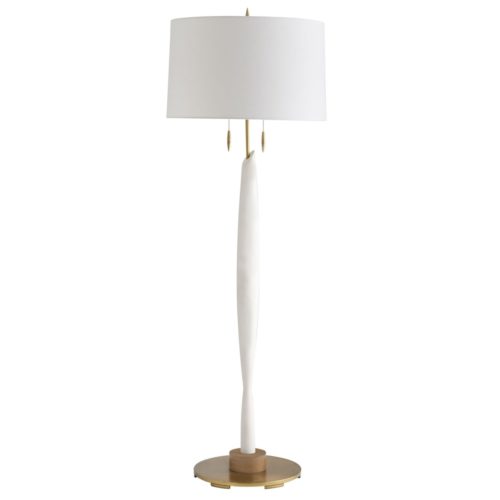 Sleek in form, the slender body is accented by a steelframe, cream finish, wood detail and decorative pull chains. Topped with a white linen drum shade.