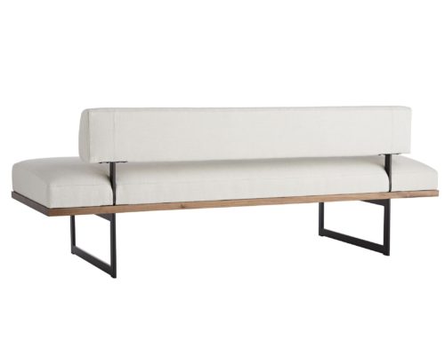 Bench is a cozy seat at the foot of a bed, in an entry, corridor or even in a living room. Designed through an architectural lens, the steel stocklegs support the seat and floating back. The combination of steel, wood and linen fabric make for a handsome addition to the home.