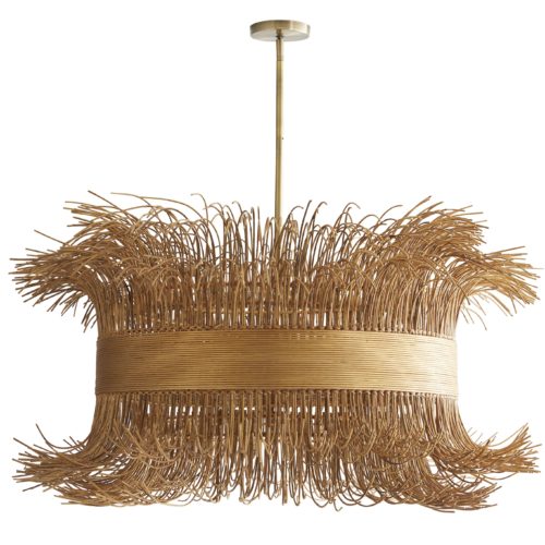 Chandelier marries hand-crafted artistry with modern appeal, featuring free-flowing rattan cinched in bybanded rattan for a pièce de ré·sis·tance finished in vibrant gold.