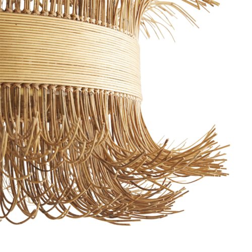 Chandelier marries hand-crafted artistry with modern appeal, featuring free-flowing rattan cinched in bybanded rattan for a pièce de ré·sis·tance finished in vibrant gold.
