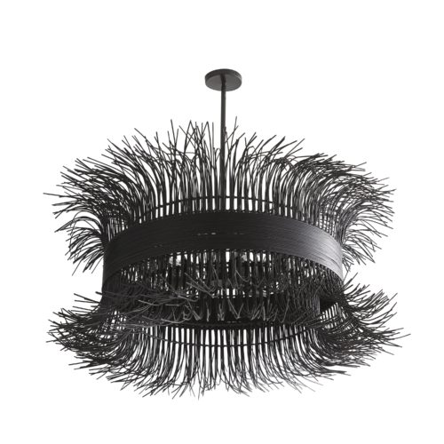 From the runway to our living rooms, our love affair with rattan sees no end in sight. Rattan Fringe Chandelier marries hand-crafted artistry with modern appeal, featuring free-flowing rattan cinched in by-banded rattan for a pièce de ré·sis·tance finished in black.