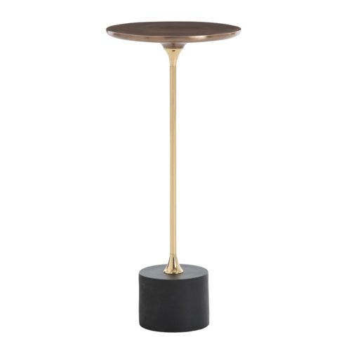 Table offers a modern take on the traditional drinks table. Slight curves, antique brass and the chunky blackened iron base bring new life to the midcentury design fixture.