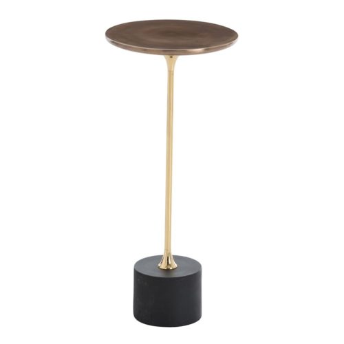 Table offers a modern take on the traditional drinks table. Slight curves, antique brass and the chunky blackened iron base bring new life to the midcentury design fixture.