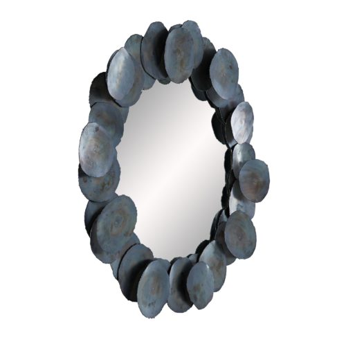 Discs are hand-cut, forming the raw edges, then given an oxidized finish with a chemical-and-fire technique. This free-hand artistry comes together to frame an industrial, rich mirror.