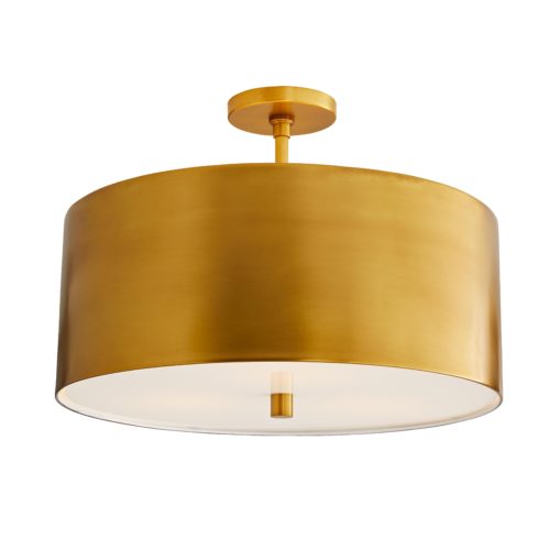 straightforward examination of the basic principles of design takes place with this semi-flush pendant. A sleek steel shade in an antique brass finish frames this 3-light fixture, which features an acrylic diffuser that is suspended from within.The balance and contrast of materials delivers a fundamental visual aesthetic that transcends time and style.