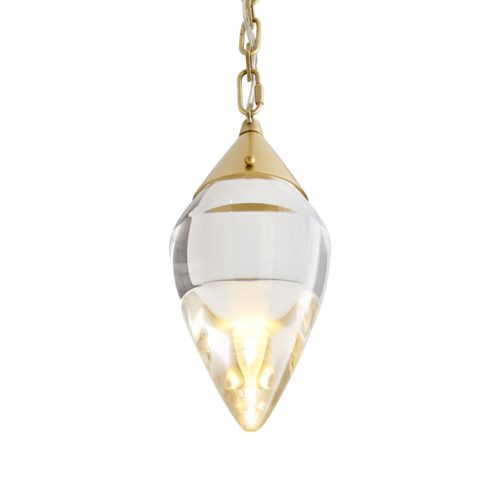 The foundation of this piece is composed of a solid clear crystal diffuser that is stylishly suspended by an antique brass steel chain. The chain features an alternating diamond to oval pattern, delivering a geometric dynamic that complementsits sleek appeal.