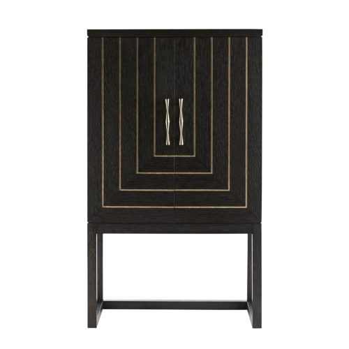 tyle and elegance come together in this entertaining cabinet. Built from solid oak, it’s finished entirely in a dark sable veneer with shining accents of champagne brass handles and foiled-glass inlay details.