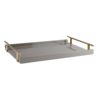 Form meets function to create this modern serving tray. A chateau gray lacquer finish is balanced by antique brass handles that offer a practical and polishedappeal—an optimal serving piece when hosting casual or formal functions.