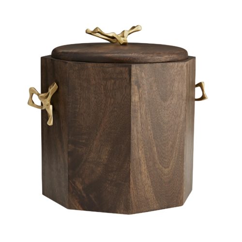 Featuring a multi-faceted façade, this container is constructed of wood with a richwalnut finish, and it is accented with sculptural yet functional antique brass handles. A stainless steel insert makes it easy to clean and provides extra insulation.