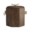 Featuring a multi-faceted façade, this container is constructed of wood with a richwalnut finish, and it is accented with sculptural yet functional antique brass handles. A stainless steel insert makes it easy to clean and provides extra insulation.