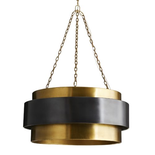 This iron, mid-century-inspired, one-light vintage brass-finished pendant is the perfect light to hang over your dining table.The dark bronze floating band adds contrast and dimensionality to the simple elegant design.