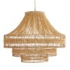 The tiered construction is crafted from hand-cut wooden beads strung along an abaca-wrapped frame, delivering a rusticelement to its feminine form. The large-scale, open-form structure allows light to cascade down each layer and brilliantly light up its surroundings.