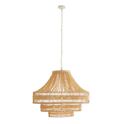The tiered construction is crafted from hand-cut wooden beads strung along an abaca-wrapped frame, delivering a rusticelement to its feminine form. The large-scale, open-form structure allows light to cascade down each layer and brilliantly light up its surroundings.