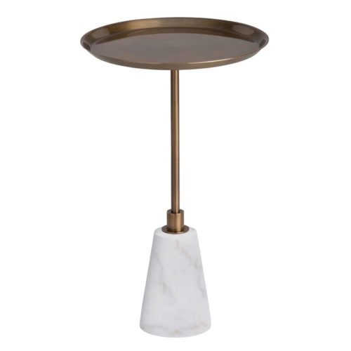 Accent Table is a mix of white marble and antique brass. Like the original, the height adjusts while still having a small footprint.One of the best-selling designs we have.