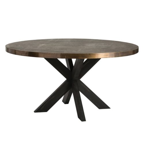 This 60" dining table is made of solid wood. The crisscross base has been stained a deep espresso color, while the top is clad in antique brass and textured to resemble a luxurious textile.Perfect as a dining table for six or a striking entry piece.