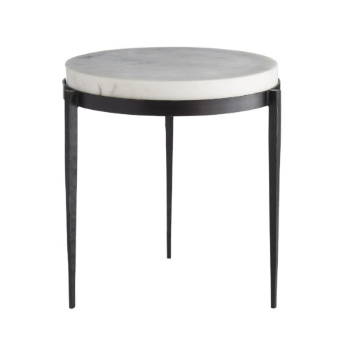 We love the yin and yang on this transitional side table. Hand-forged black iron legs are delicately tapered creating the perfect base for the chunky white marble top.