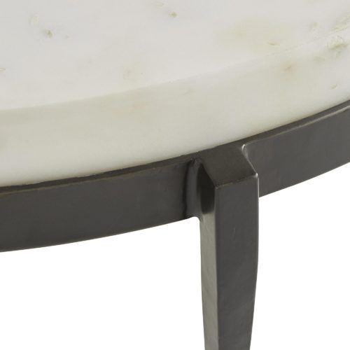 We love the yin and yang on this transitional cocktail table. Hand-forged black iron legs are delicately tapered creating the perfect base for the chunky white marble top.