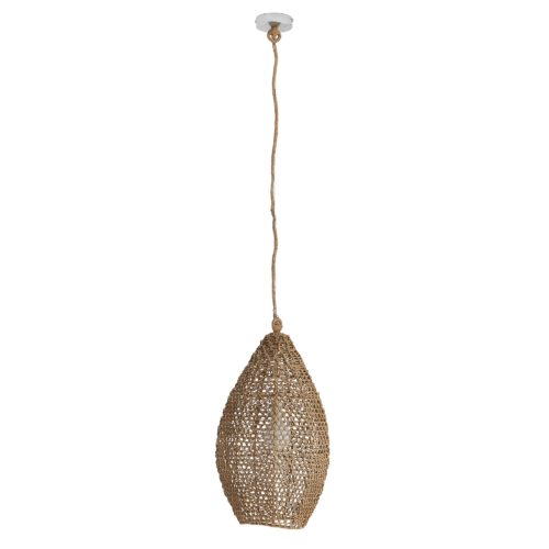 Hand woven sea grass in its natural coloration forms a graceful teardrop shade. A single bulb floats inside its own hive. Shown with a 4" frosted globe bulb.