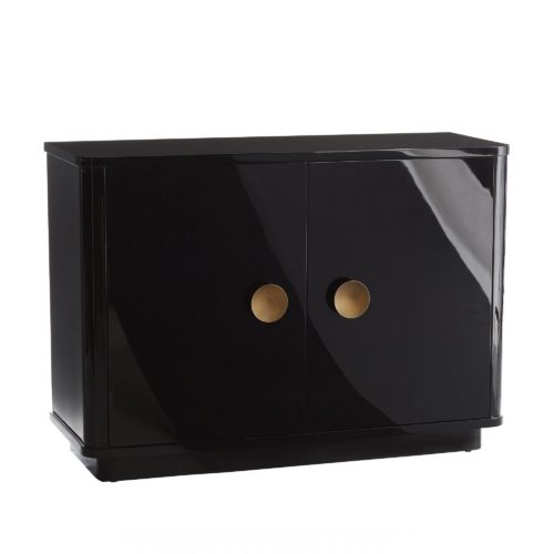 The high gloss finish on this black lacquered oak chest takes things up a notch. Perfectly radiused corners and oversized antique brass hardware intensify the sleek design. Two drawers and adjustable shelves provide ample storage.