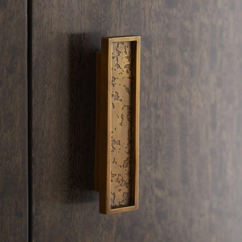 Lustworthy details have us completely enamored with this stunning demilune design. Finely crafted from eucalyptus veneer, the wood features a slight fiddle in it, adding a warm texture to the surface.Our favorite detail is the slightly speckled cast brass hardware that mirrors the brindle stained finish of in the wood. Truly an heirloom piece that can work in an entryway, living room or bar.