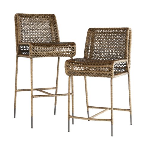 Thinly sliced pieces of rattan peel are first steamed and then bent by hand to shape this stylish seat. A chestnut wash finish and exposed feet work to further enhance its natural characteristics,and the double-layer of its open-form structure adds airiness. With no arms and a slightly angled back, this stool easily slides under any countertop.