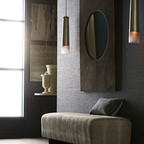 Modern Living Space with Suede wrapped mirror and chenille accent bench.The blend of masculine and feminine aesthetics creates a balance that blends seamlessly into just about any style space.