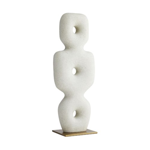 he simple yet complex nature of sculptural art takes shape in this expressive form. Crafted from ricestone, this stacked structure features a profile that recalls mid-century design. The sculpture is fitted on a sleek ironbase that has been finished in antique brass for an additional touch of elegance.