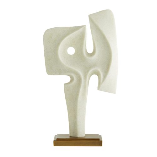Interpretation, like beauty, is in the eye of the beholder. And no matter what your eye sees in this refined modernist sculpture, it’s undeniably magnificent. The ivory-toned form is dual-sidedto face either left or right and stands over two feet tall on an antique brass finish metal base.
