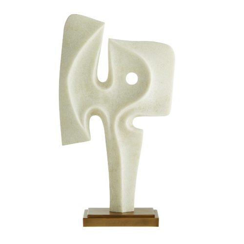 Interpretation, like beauty, is in the eye of the beholder. And no matter what your eye sees in this refined modernist sculpture, it’s undeniably magnificent. The ivory-toned form is dual-sidedto face either left or right and stands over two feet tall on an antique brass finish metal base.