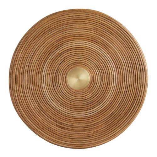 A thin piece of rattan pole is wrapped continuously around the polyresin frame to create the hourglass shape. The top features an antique brass disk inlay that adds a strikingyet subtle element to the natural finish of this organic piece. Crafted from naturally durable materials, this side table is also quite steady so adding a glass top is optional but not necessary for function. Rattan may vary slightly in color.